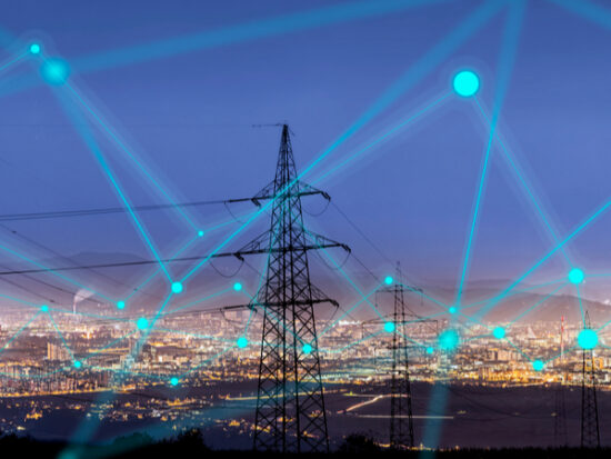 High-power-electricity-poles-in-urban-area-connected-to-smart-grid
