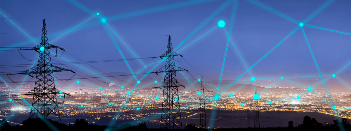 High-power-electricity-poles-in-urban-area-connected-to-smart-grid