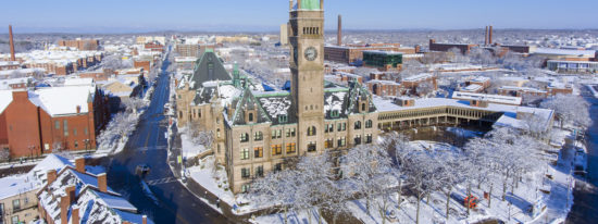 Lowell City Hall and downtown aerial view in downtown Lowell, Massachusetts, USA-shutterstock_1036455079