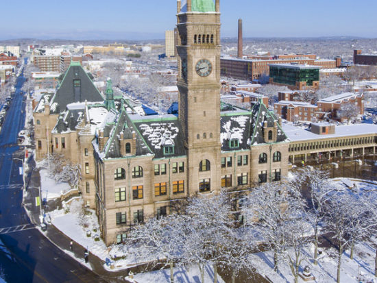 Lowell City Hall and downtown aerial view in downtown Lowell, Massachusetts, USA-shutterstock_1036455079