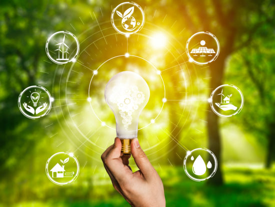 Energy innovation light bulb graphic interface.