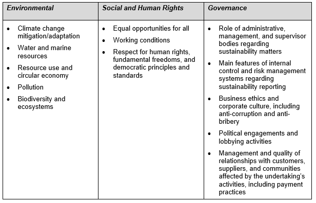 Environmental:
Climate change mitigation/adaptation
Water and marine resources
Resource use and circular economy
Pollution
Biodiversity and ecosystems
Social and Human Rights:
Equal opportunities for all
Working conditions
Respect for human rights, fundamental freedoms, and democratic principles and standards
Governance:
Role of administrative, management, and supervisor bodies regarding sustainability matters
Main features of internal control and risk management systems regarding sustainability reporting
Business ethics and corporate culture, including anti-corruption and anti-bribery
Political engagements and lobbying activities
Management and quality of relationships with customers, suppliers, and communities affected by the undertaking’s activities, including payment practices