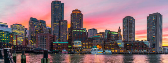 Boston,Skyline,And,Fort,Point,Channel,At,Sunset,As,Viewed