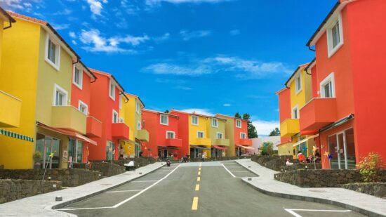 brightly colored houses road
