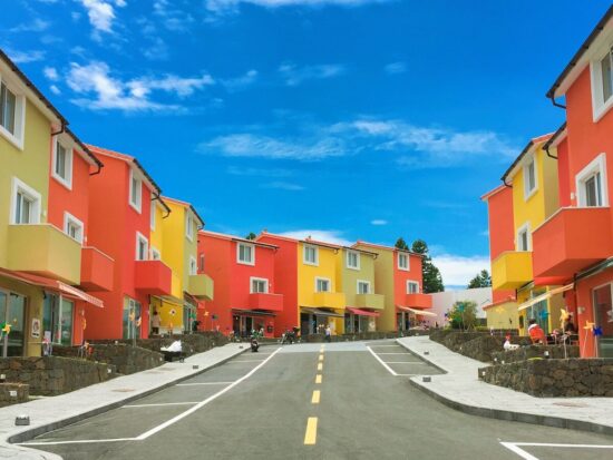 brightly colored houses road