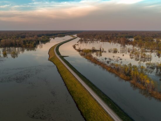The Yazoo River out of it's banks near highway 61 North. Flood waters up to the levee road.