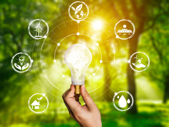 Energy innovation light bulb graphic interface.