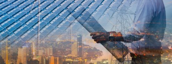Double exposure graphic of engineer people working over energy station tower-sustainability development by alternative energy-Shutterstock_2132683667