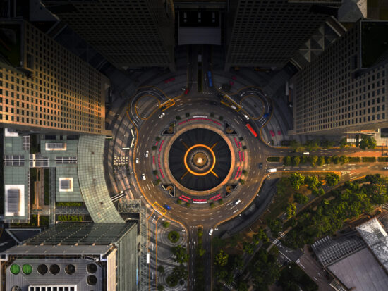 Top view of the Singapore landmark financial business district with skyscraper. Fountain of Wealth at Suntec city in Singapore