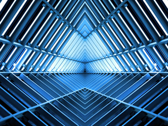 metal structure similar to spaceship interior in blue light