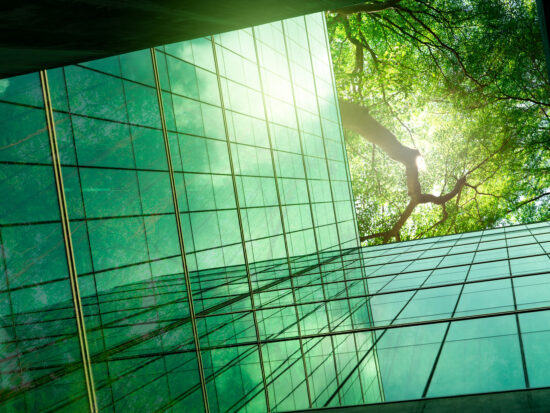 Sustainble green building. Eco-friendly building in modern city. ESG. Sustainable glass office building with green tree. Office with green environment. Corporate sustainability. Net zero emission.