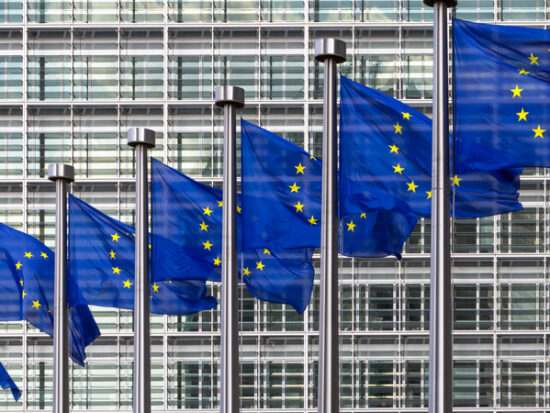 Row of EU Flags in front of the European Union Commission building in Brussels